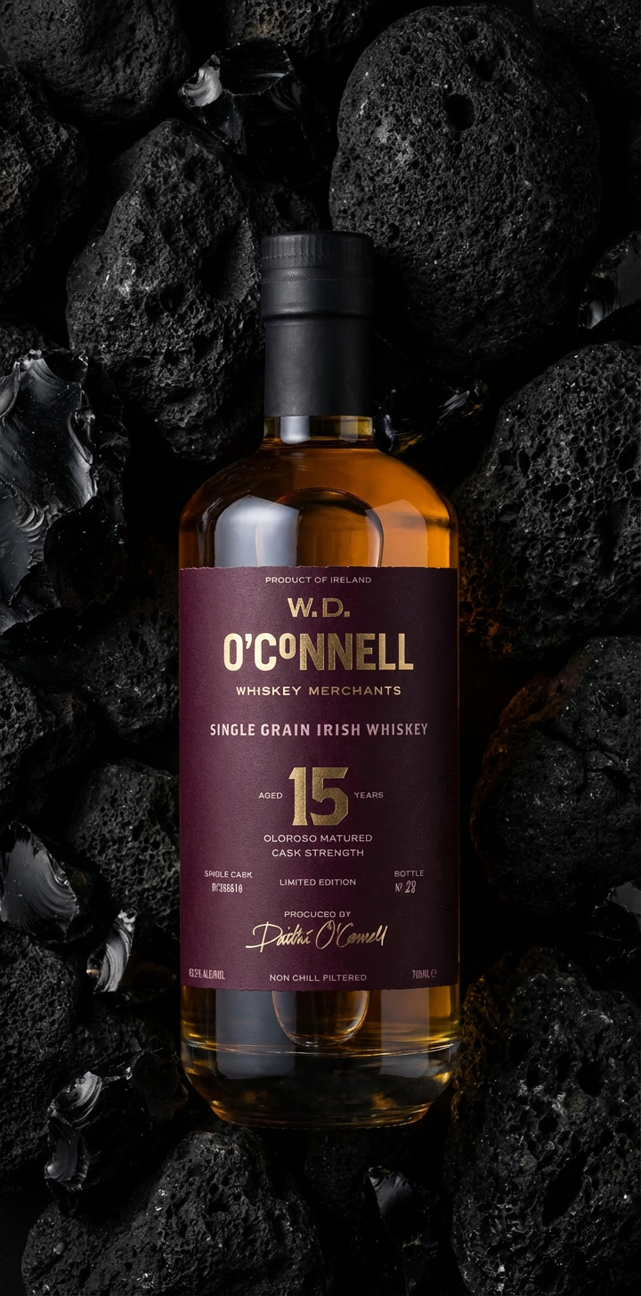 O'Connell whiskey bottle on a dark textured background