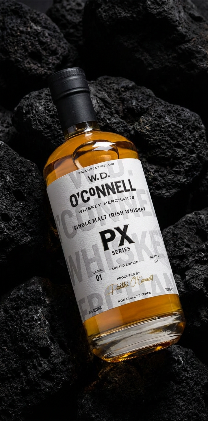 Bottle of W.D. O'Connell whiskey on a dark stone background