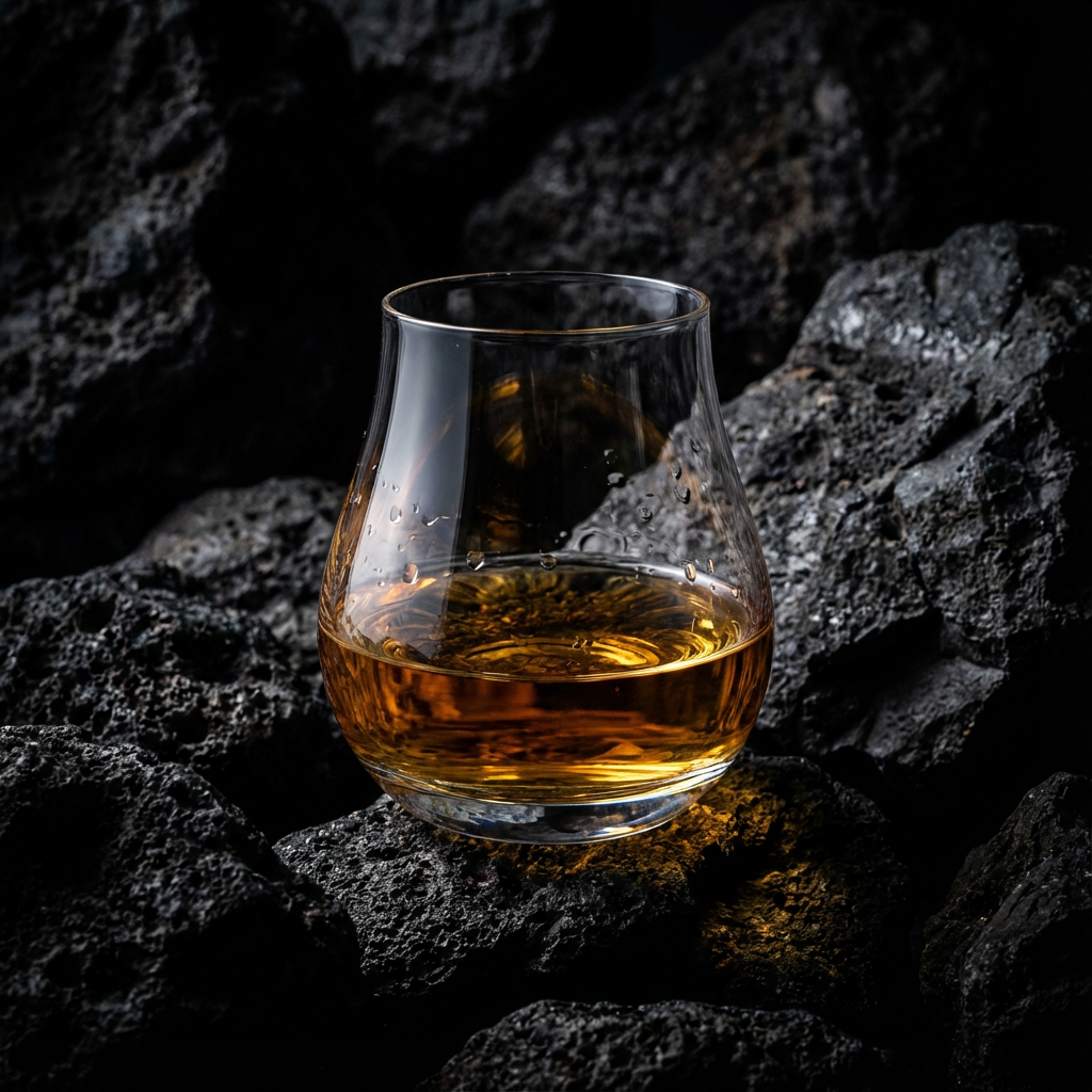 Glass of whiskey on a dark stone surface